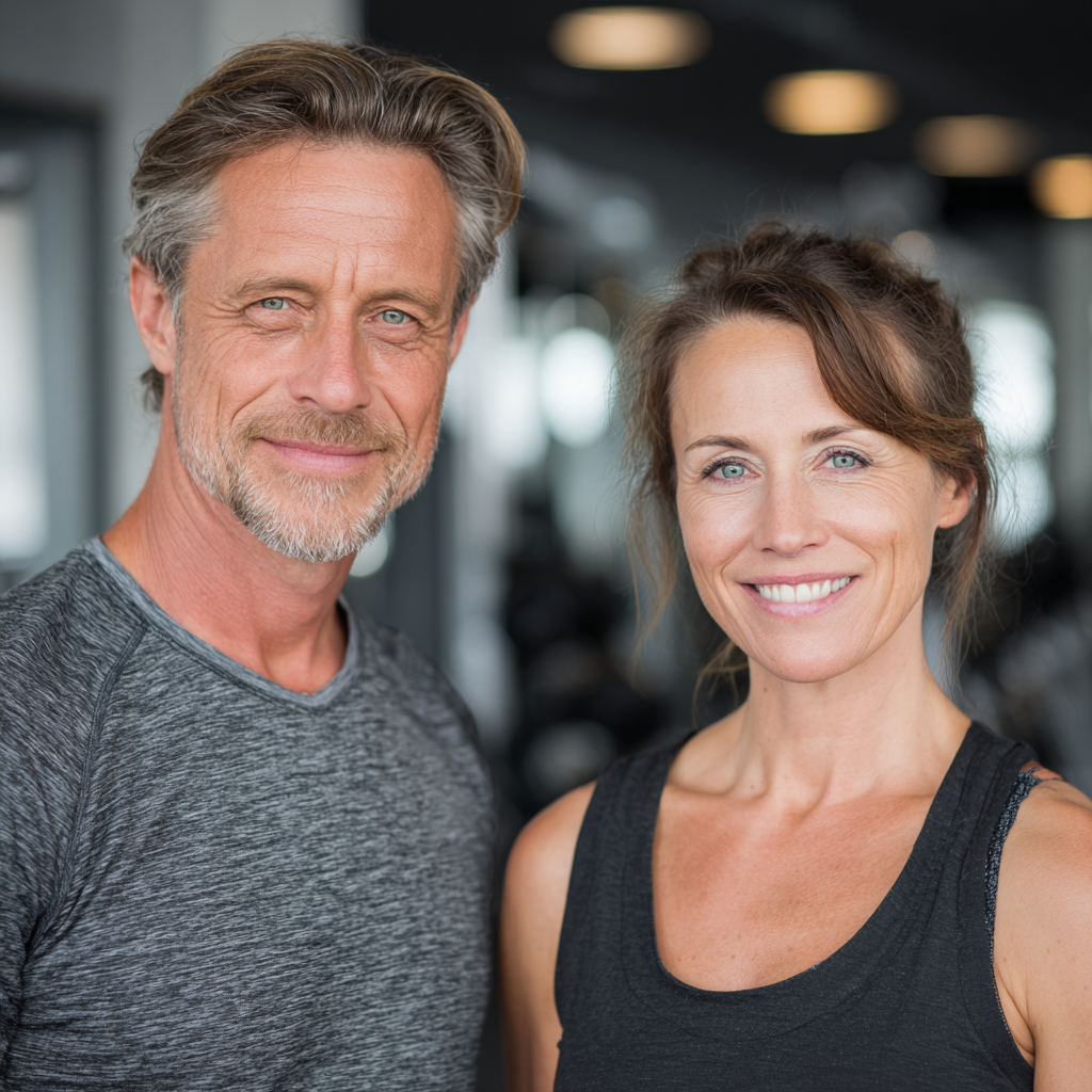 Middle-aged man and woman in their 50s wearing athletic clothing, smiling together in a bright modern fitness studio with exercise equipment in background, depicting active healthy lifestyle and fitness community